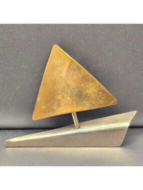Vintage Modernist Abstract Sailboat Pin Brass Steel Geometric Brooch 2.25"